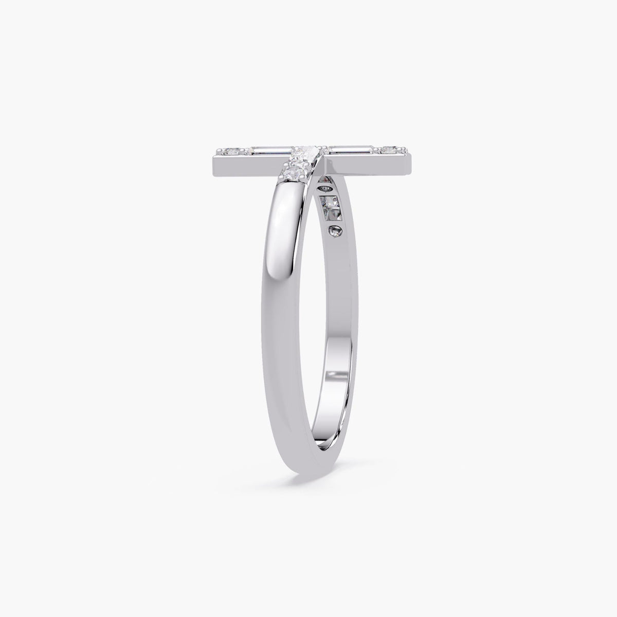sideways diamond cross ring in solid 14K white gold with baguette and round lab grown diamonds