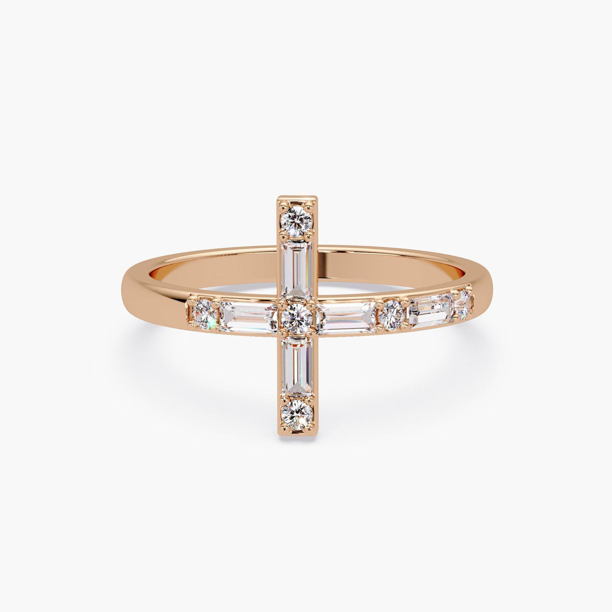 Sideways diamond cross ring in solid 14K rose gold with baguette and round lab grown diamonds