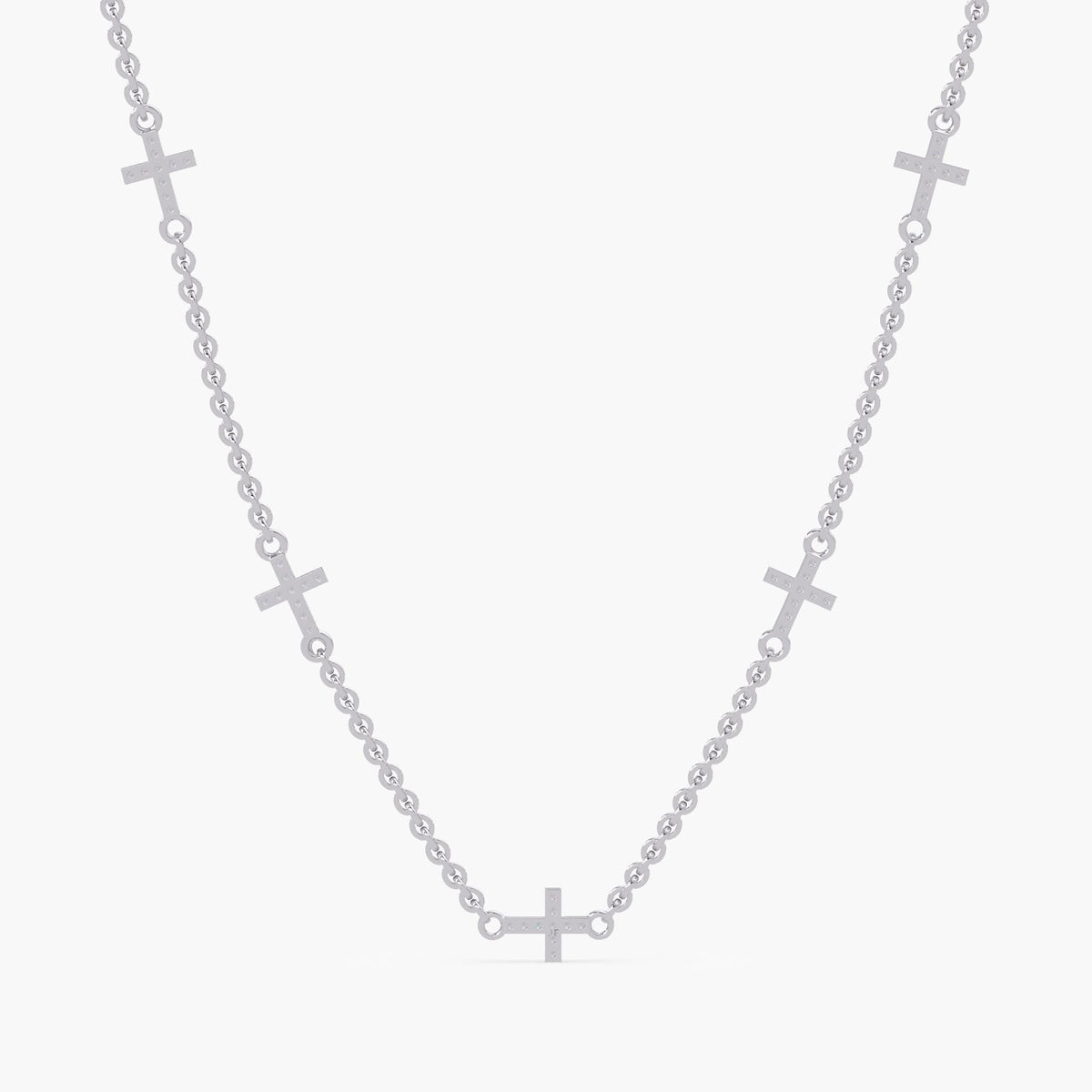 14K white gold diamond sideways cross necklace with five pavé-set natural diamond crosses on a delicate cable chain