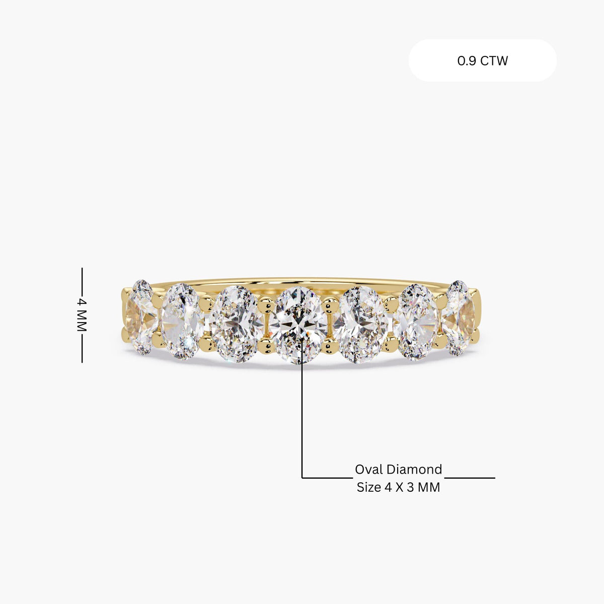 14K yellow gold oval lab grown diamond band showing seven 4 × 3 mm oval diamonds and a total weight of approximately 0.9 carats.