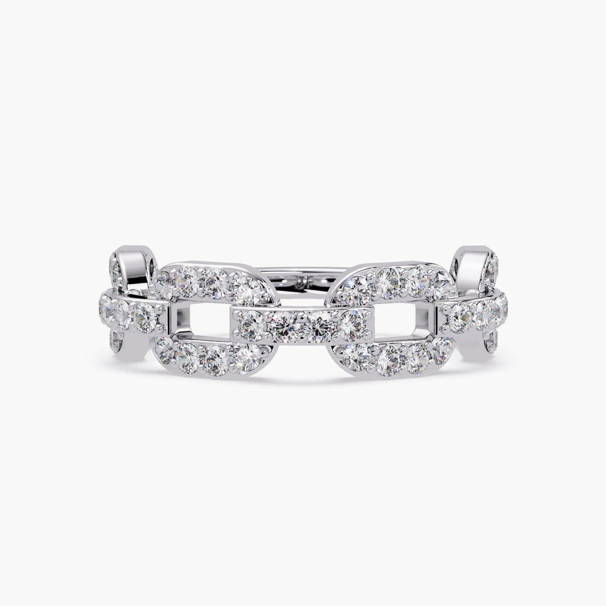 White gold diamond chain ring with pavé diamonds, modern diamond link band crafted in solid gold, luxury statement ring for women