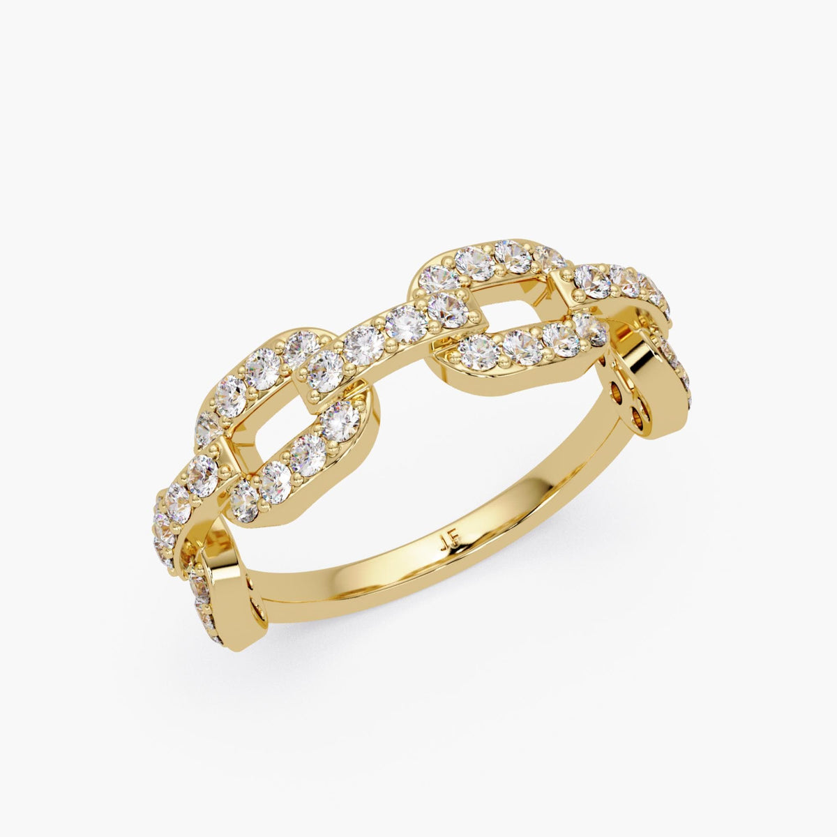 14K gold chain link diamond ring with pavé-set lab grown round diamonds, modern diamond statement ring designed as a gold chain band, gift-ready fine jewelry ring for women