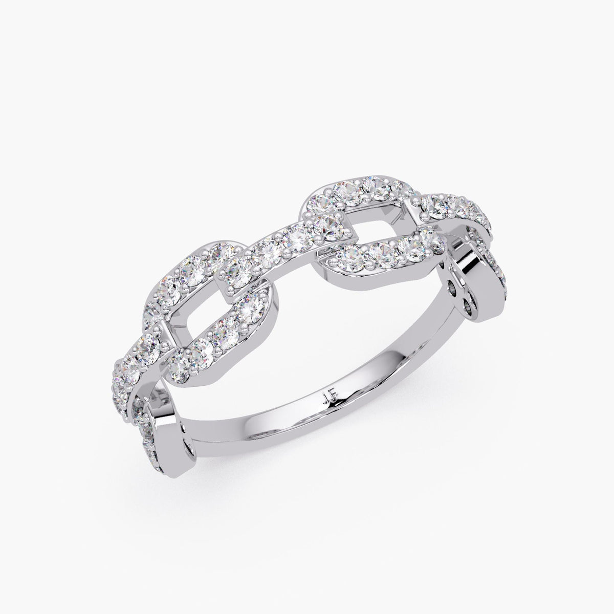 White gold diamond chain ring with pavé diamonds, modern diamond link band crafted in solid gold, luxury statement ring for women
