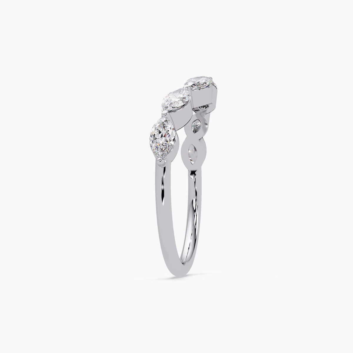 Marquise diamond band with a gentle curve, crafted in 14K white gold with lab grown diamonds, minimalist wedding band enhancer style