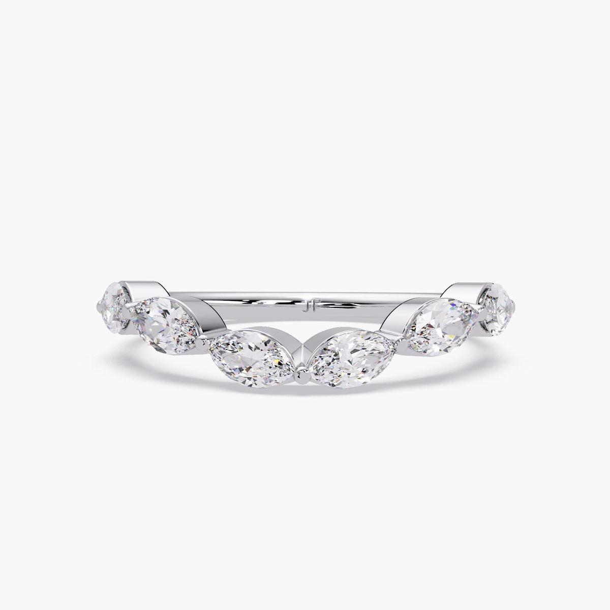 Marquise diamond band with a gentle curve, crafted in 14K white gold with lab grown diamonds, minimalist wedding band enhancer style