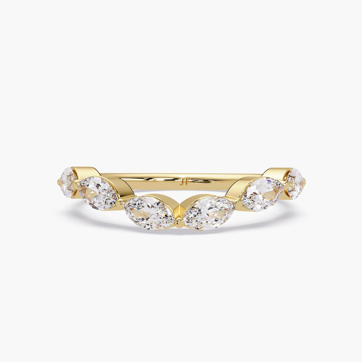 Curved marquise diamond wedding band in solid 14K yellow gold featuring lab grown marquise diamonds, delicate stackable diamond band design.