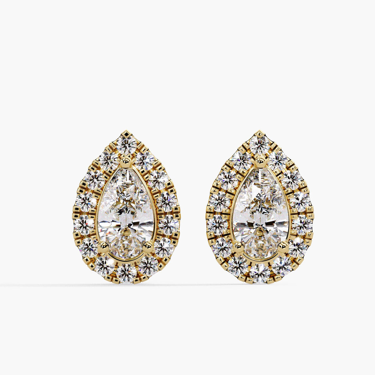 Pear cut lab grown diamond halo stud earrings in 14K yellow gold, 1.2 CTW
