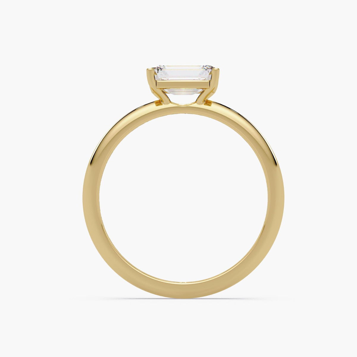 East west emerald cut lab diamond solitaire ring in 14K yellow gold, prong set engagement ring designed for stacking and everyday wear