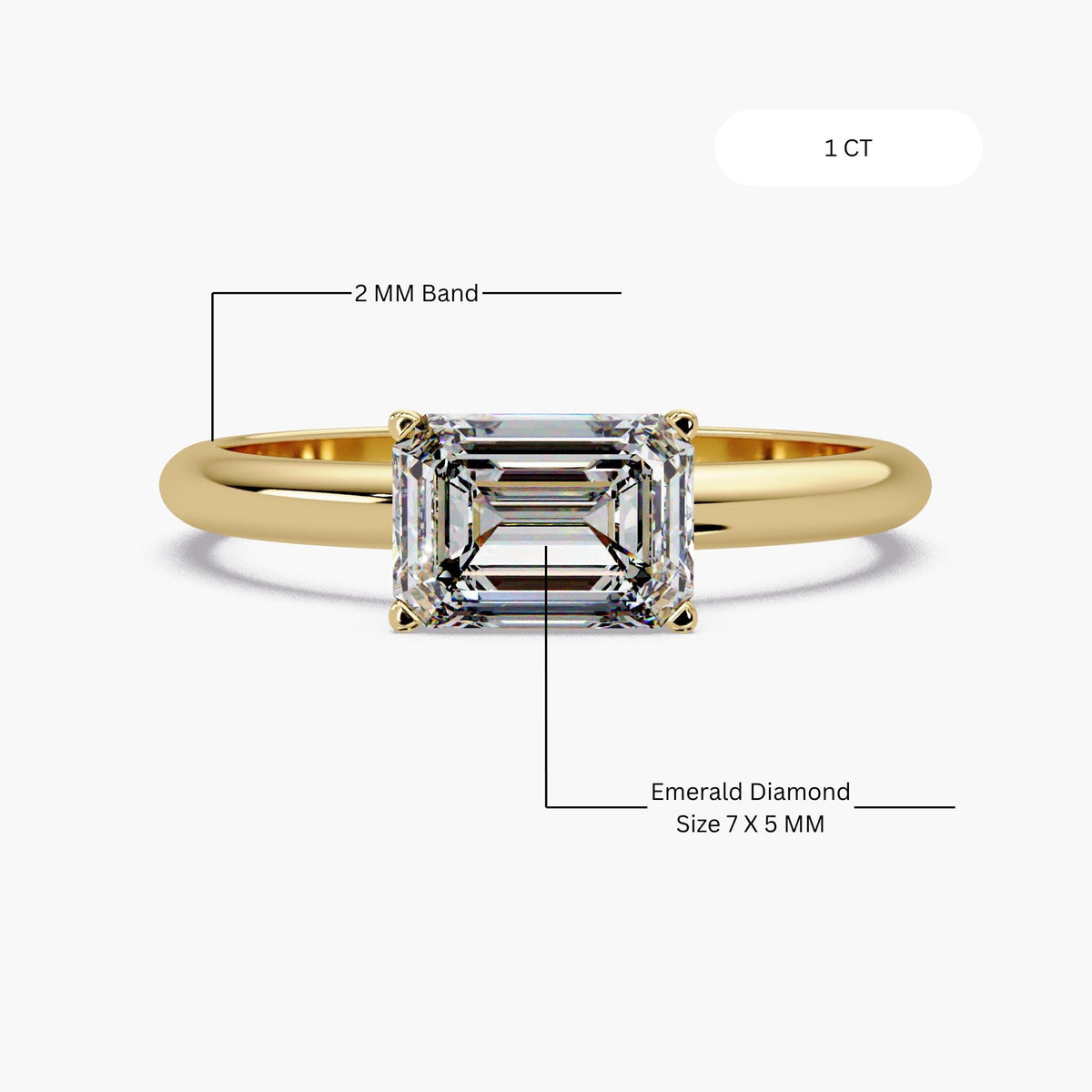 Emerald cut 1CT lab grown diamond east west ring showing 2mm band width, IGI certified solitaire engagement ring made in 14K gold