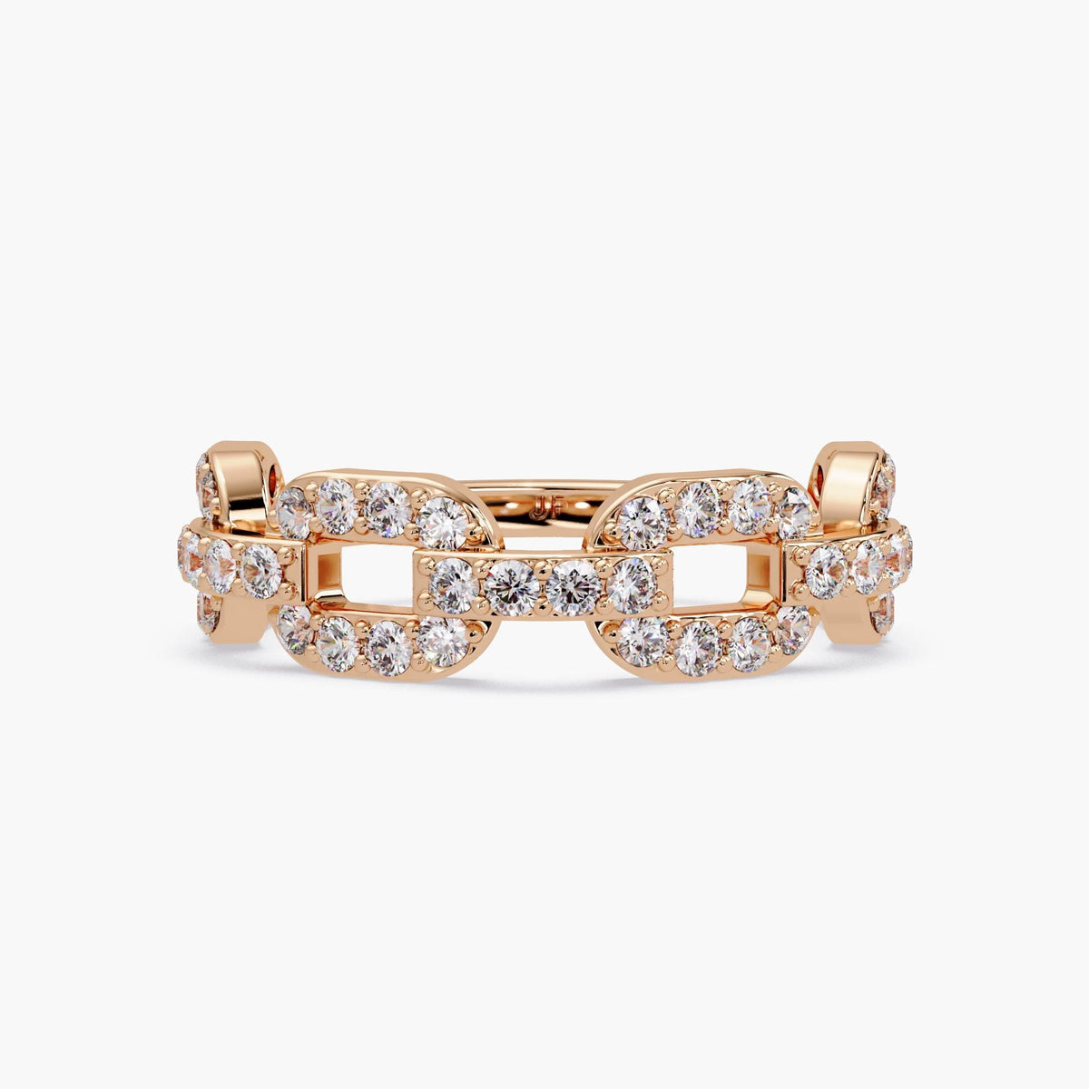 Rose gold diamond chain ring with pavé diamonds, modern diamond link band crafted in solid gold, luxury statement ring for women