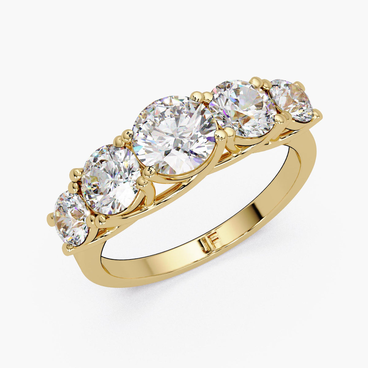 2.25 CTW lab-grown diamond ring in 14K yellow gold with a round 5 stone graduated band, perfect as a lab diamond engagement band or anniversary band.