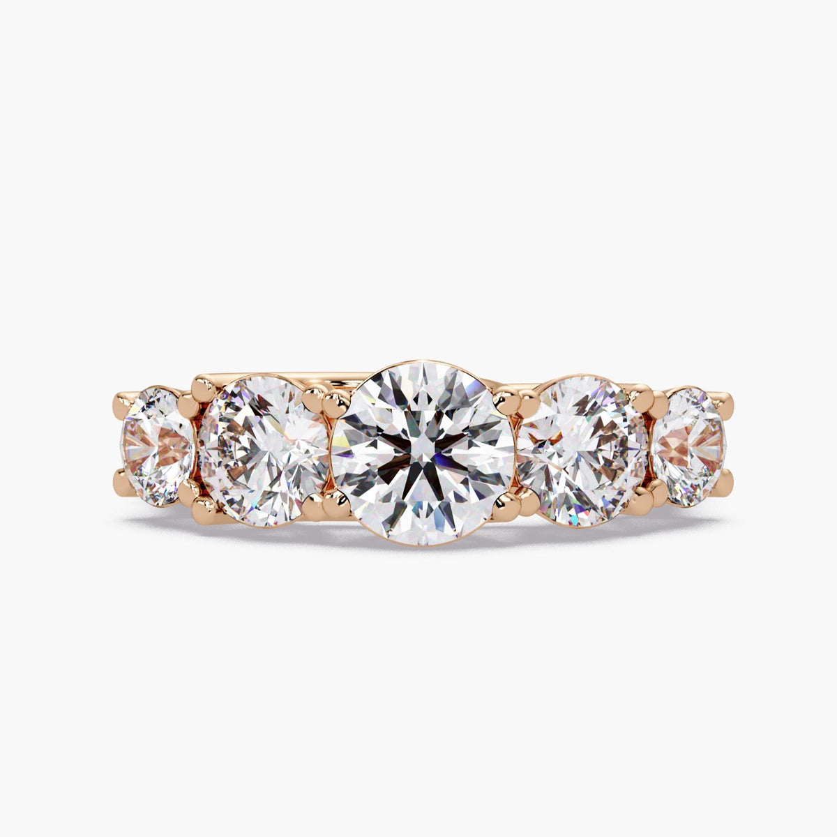 Lab created diamond 14K rose gold band with a round 5 stone graduated band, designed as a diamond anniversary band for women or engagement band.