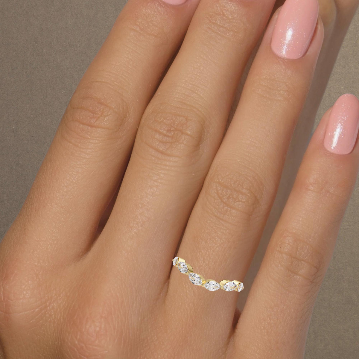 Curved Marquise Diamond Wedding Band | 14K Gold Lab Grown Diamond Stackable Ring 0.60 CTW