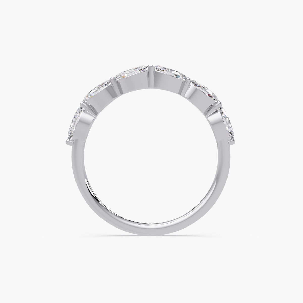 Marquise diamond band with a gentle curve, crafted in 14K white gold with lab grown diamonds, minimalist wedding band enhancer style
