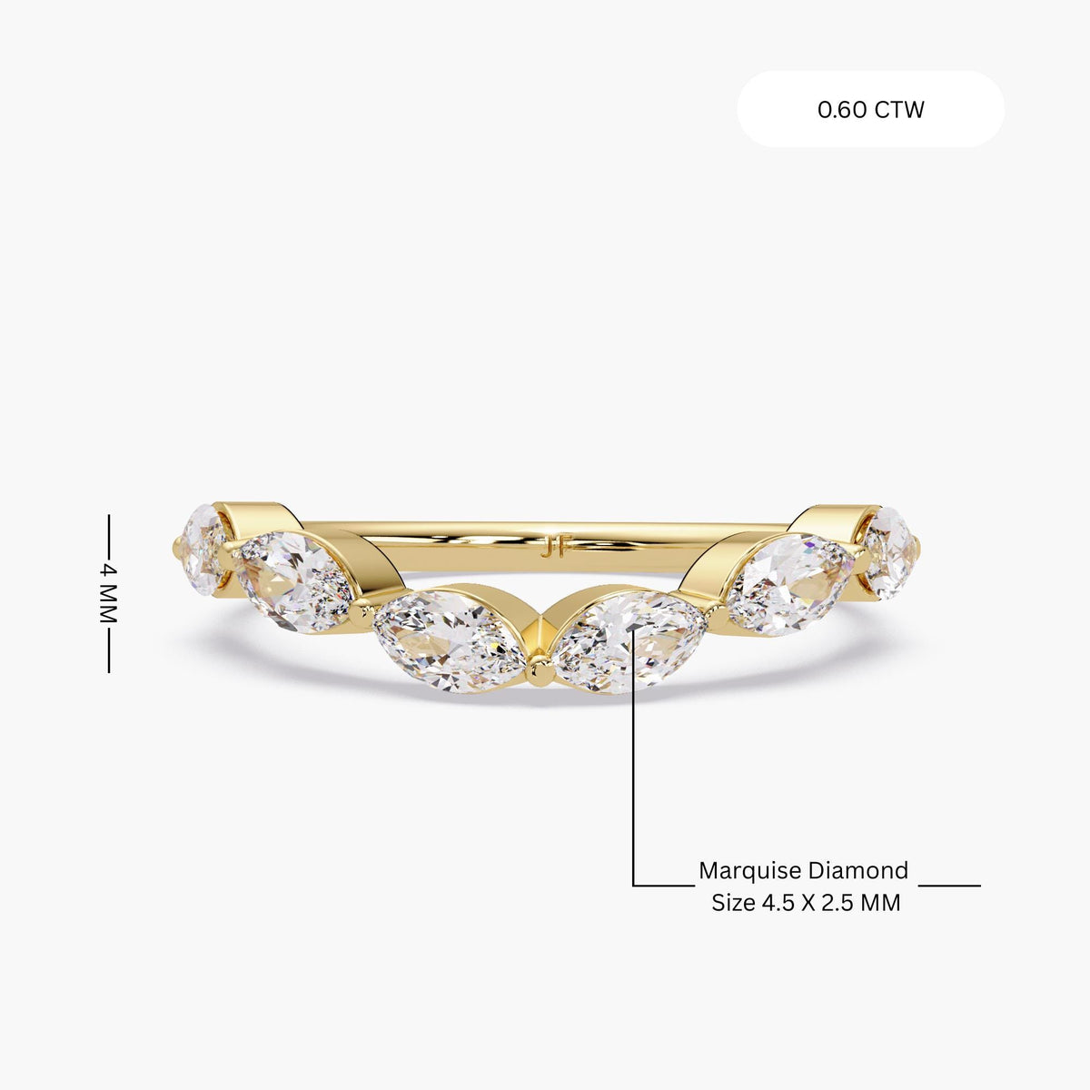 Marquise diamond band with a gentle curve, crafted in 14K gold with lab grown diamonds, minimalist wedding band enhancer style