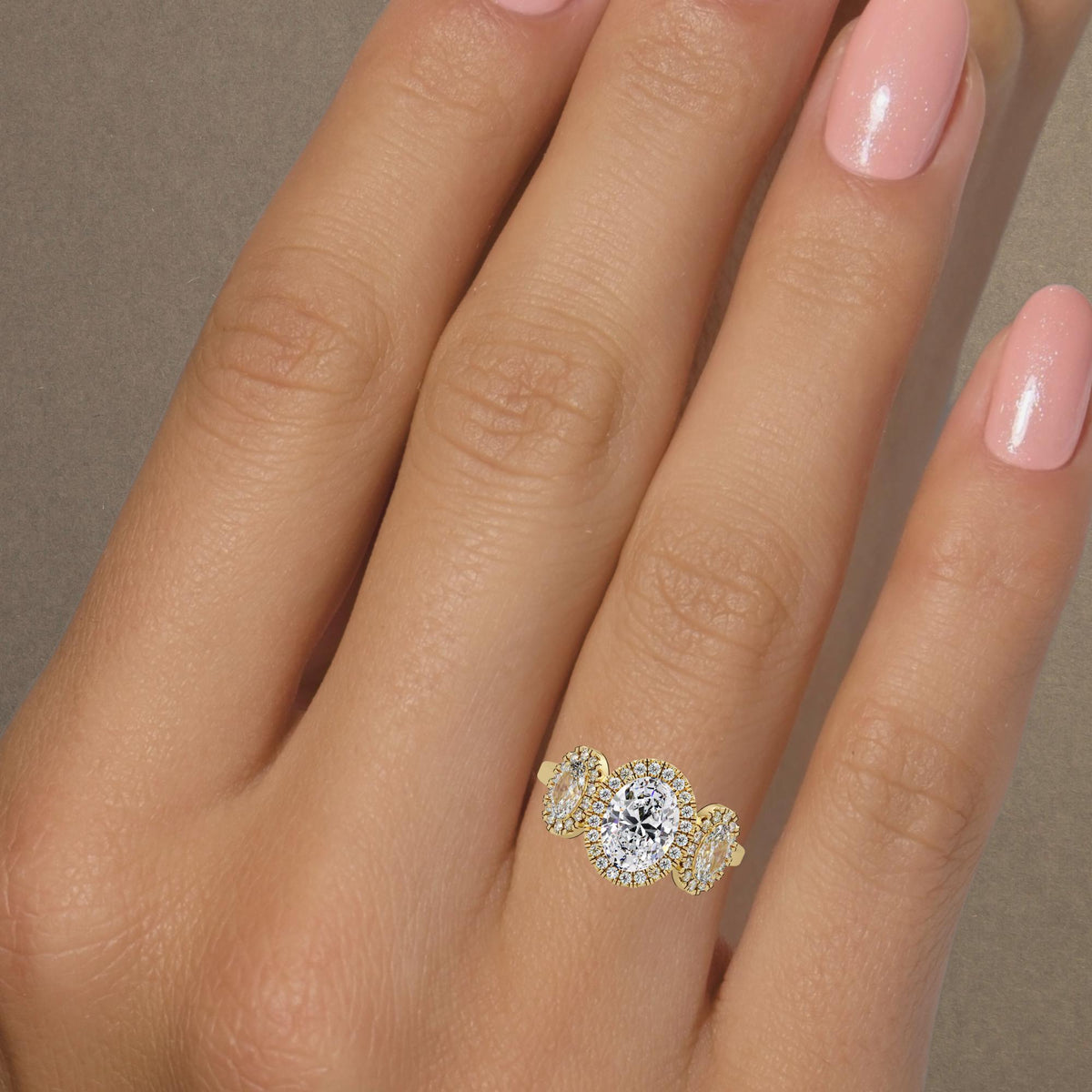 14K yellow gold oval lab grown diamond 3 stone halo engagement ring with IGI certified 1CT center oval and oval side stones, 1.75 CTW statement anniversary ring for bridal wear