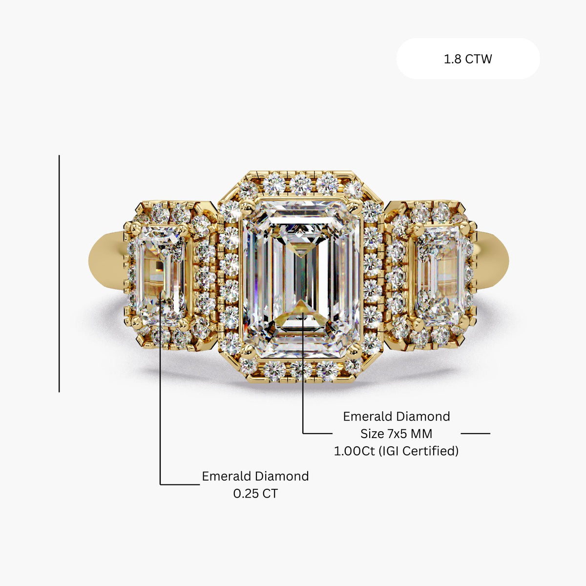3 Stone Emerald Cut Engagement Ring 14K Gold | IGI Certified Lab Diamond Halo Ring