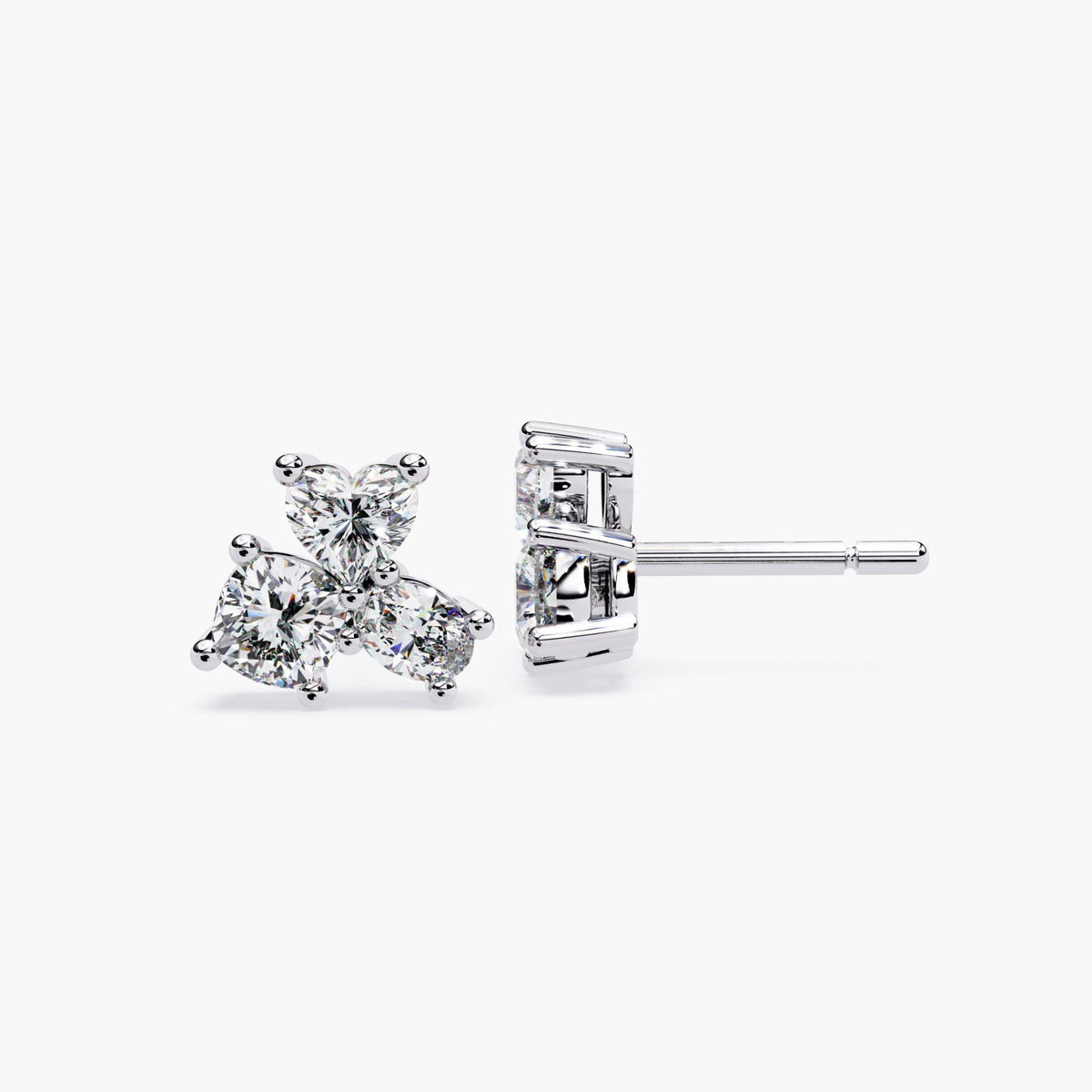 Lab Created Diamond Cluster Stud Earrings, Solid Gold Multi Diamond Studs, Heart Oval Round Shape Earrings, Fine Jewelry Gift for Women