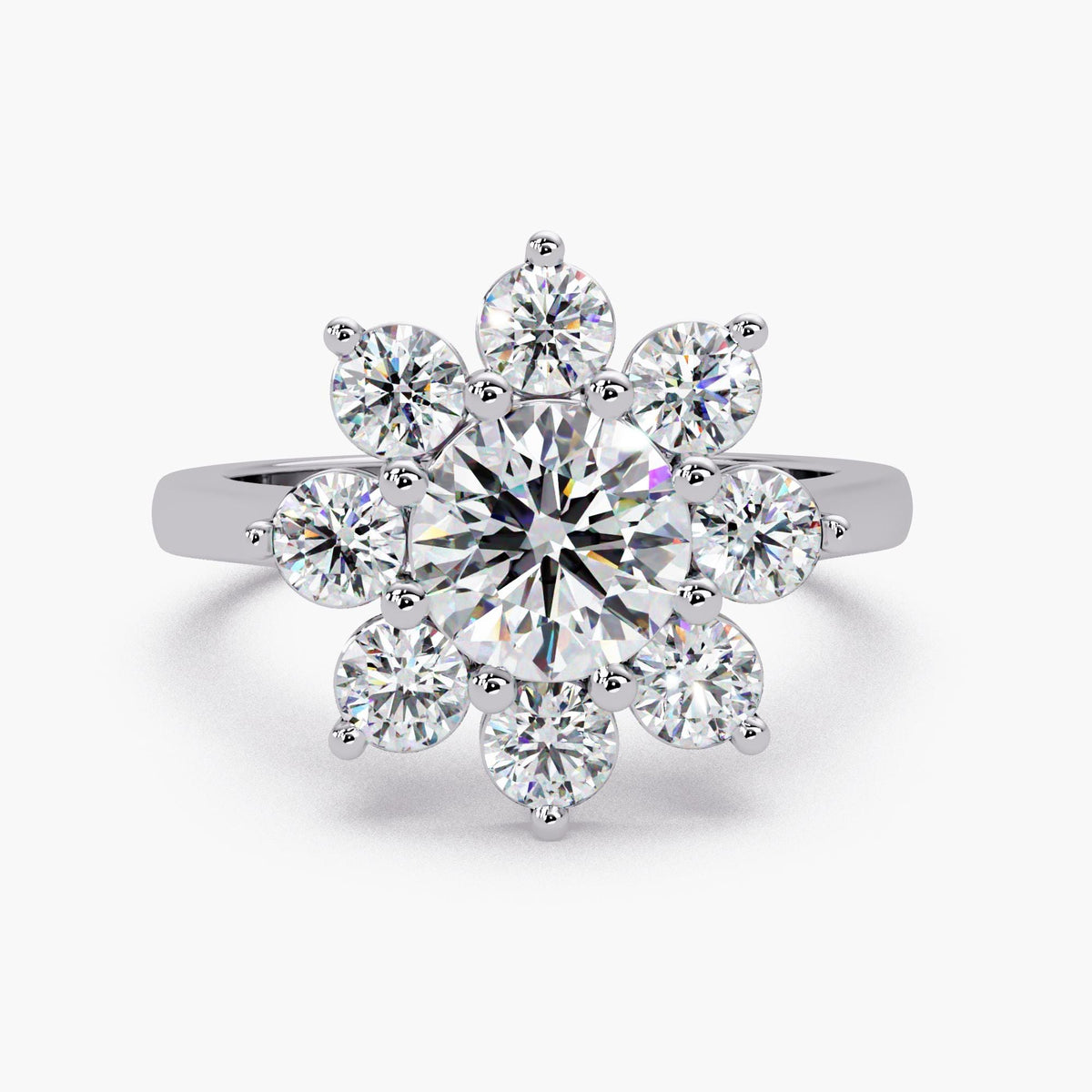 14K white gold floral halo ring. The 1.25CT center lab-grown diamond radiates brilliance, surrounded by eight shimmering accent stones that create a sunburst effect. This piece is designed to symbolize blooming love and timeless elegance for an engagement or special milestone.