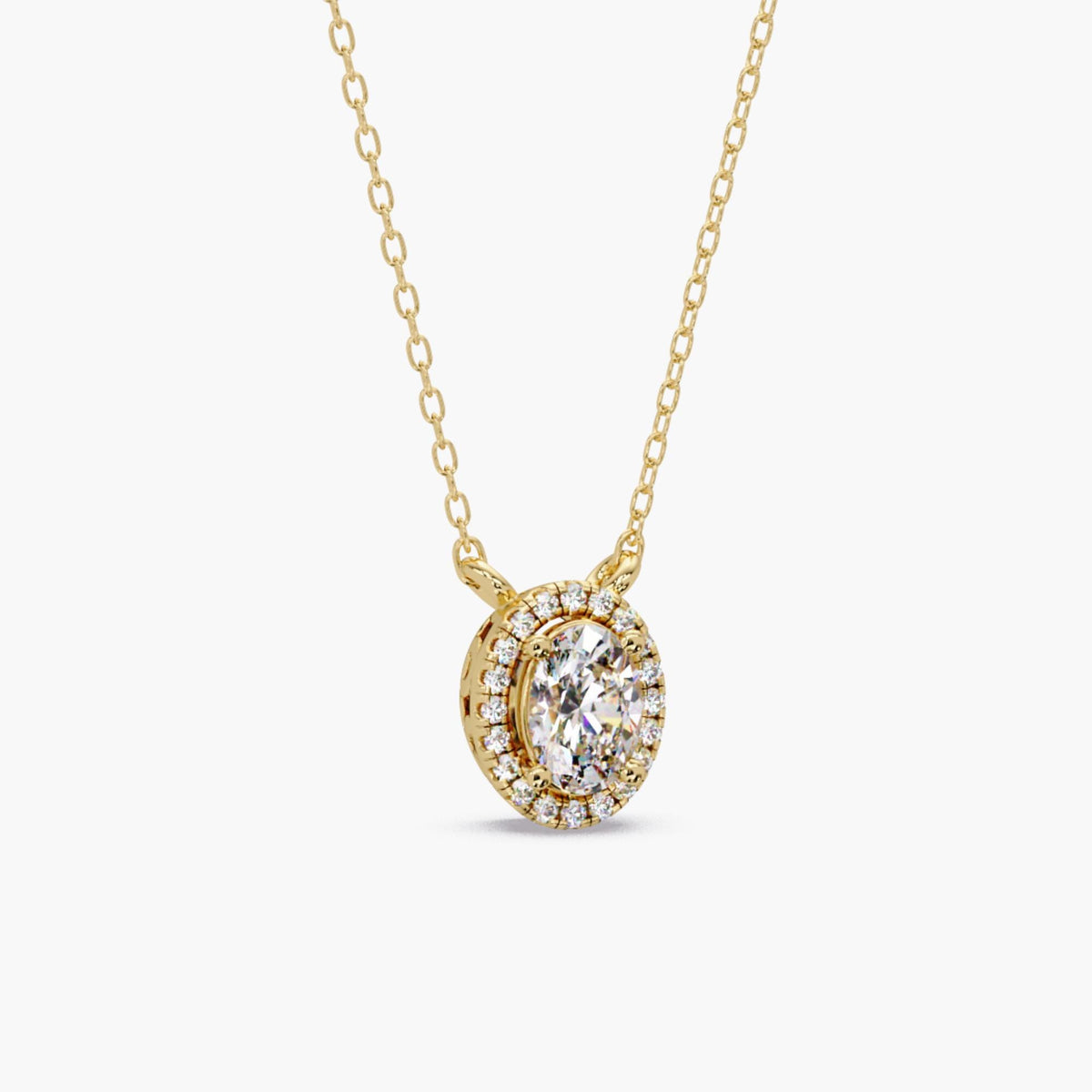Oval 0.45ct lab grown diamond pendant with halo setting in solid 14K gold, diamond necklace for women