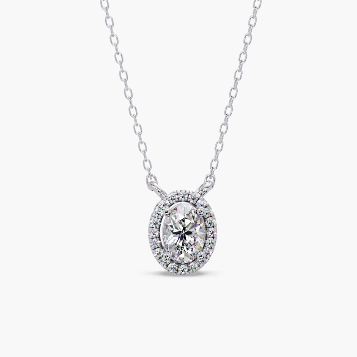 14K white gold diamond pendant necklace with oval lab grown diamond and halo, dainty layering necklace