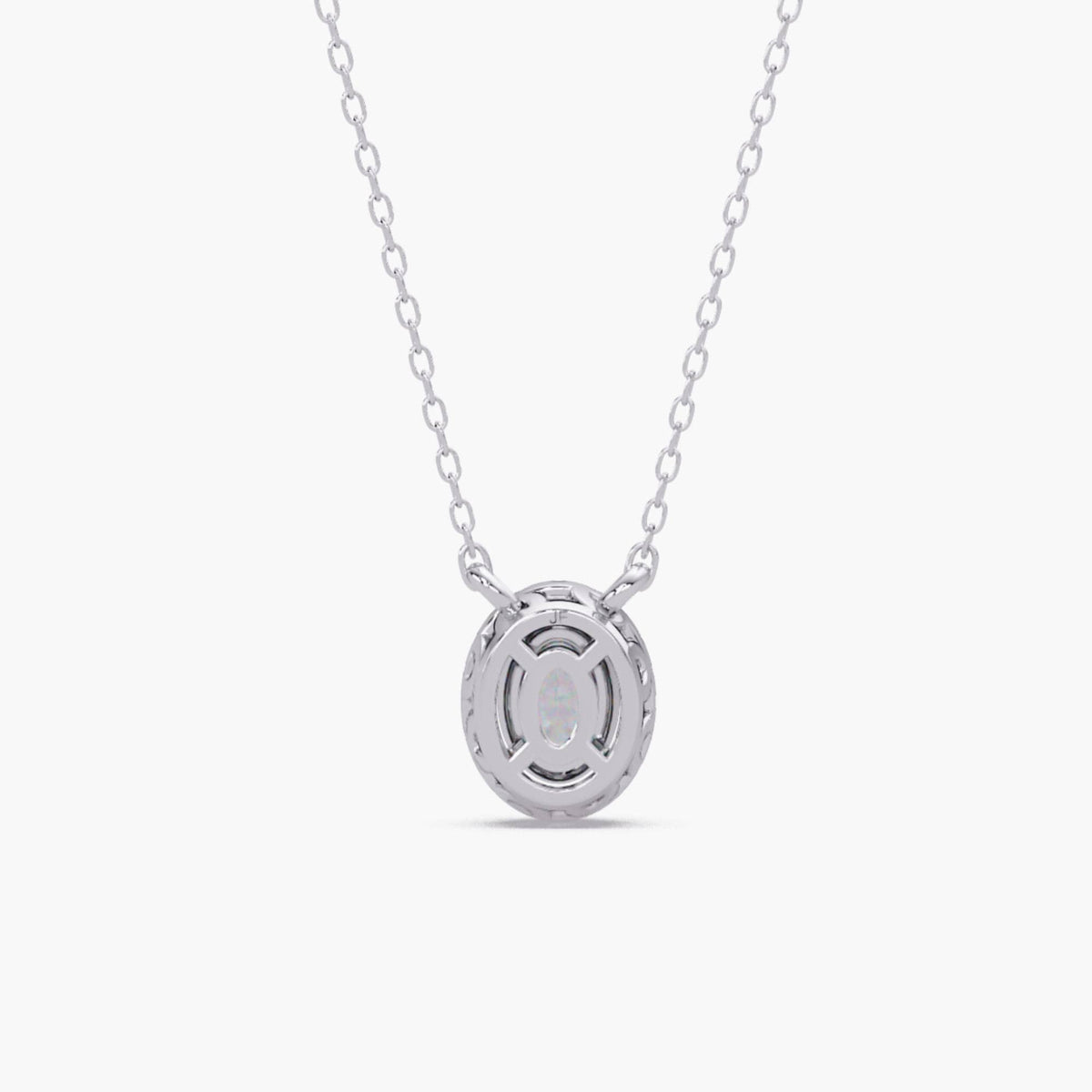 14K white gold diamond pendant necklace with oval lab grown diamond and halo, dainty layering necklace