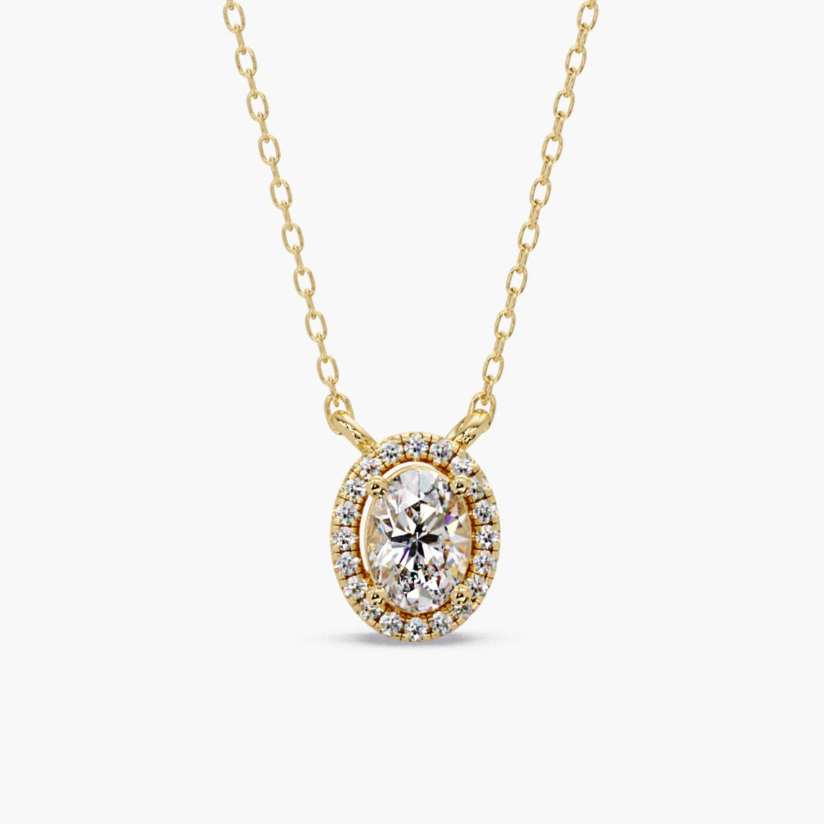 14K gold oval lab diamond halo pendant necklace 0.50 CTW on 16–18 inch adjustable cable chain