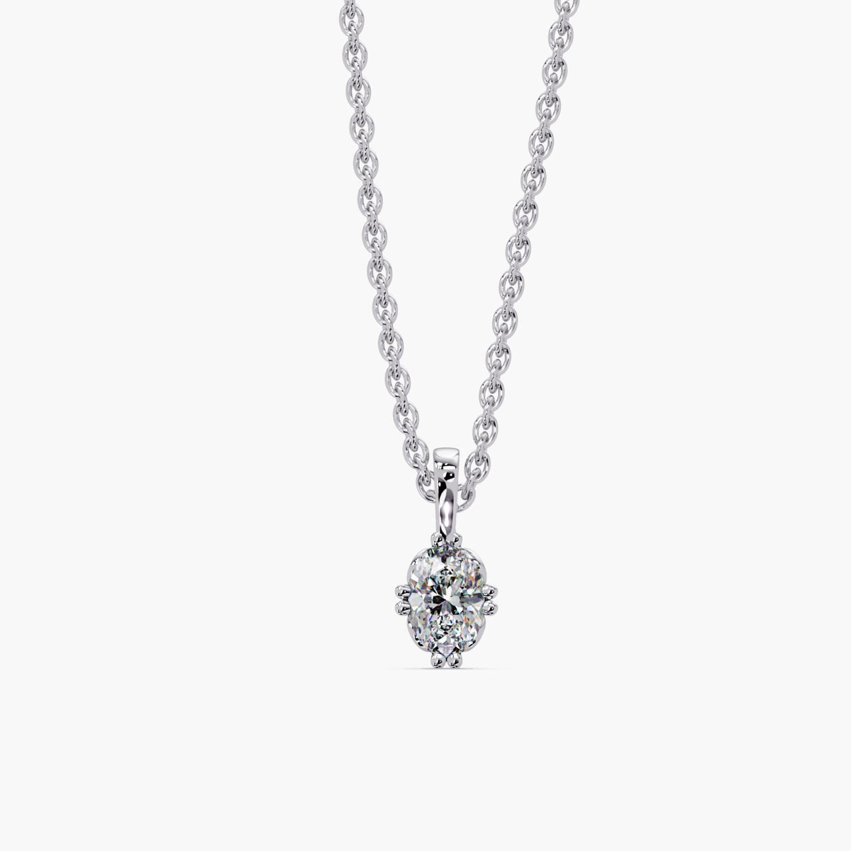 Compass set oval lab grown diamond pendant necklace in 14K white gold, oval solitaire diamond necklace on a dainty cable chain, 0.50–3.00 CTW, anniversary gift or bridal necklace