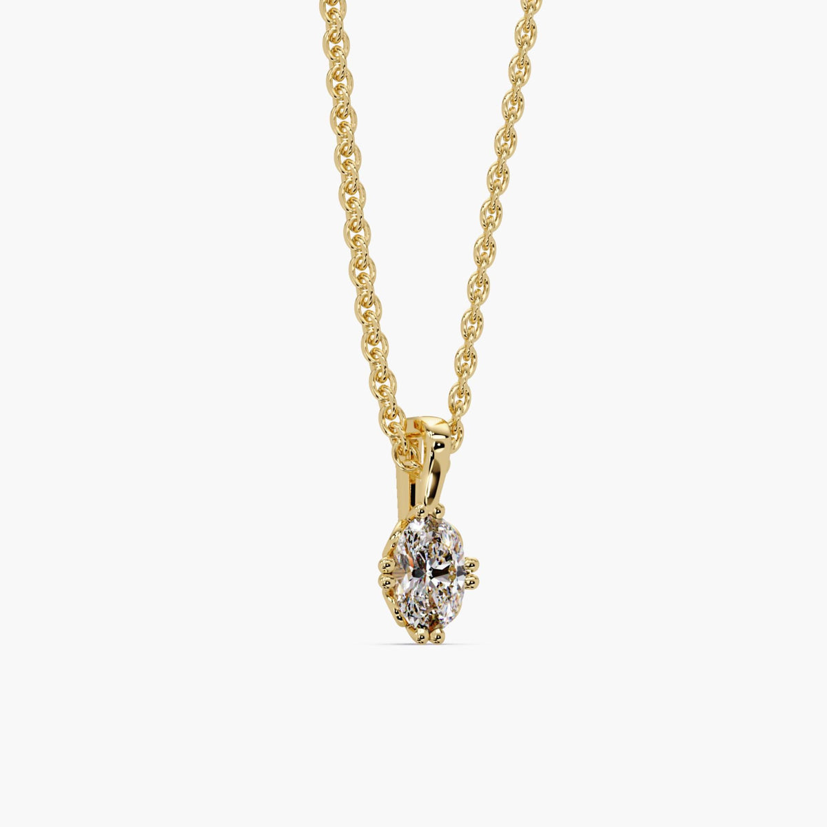 Compass set oval lab grown diamond pendant necklace in 14K yellow gold, oval solitaire diamond necklace on a dainty cable chain, 0.50–3.00 CTW, anniversary gift or bridal necklace