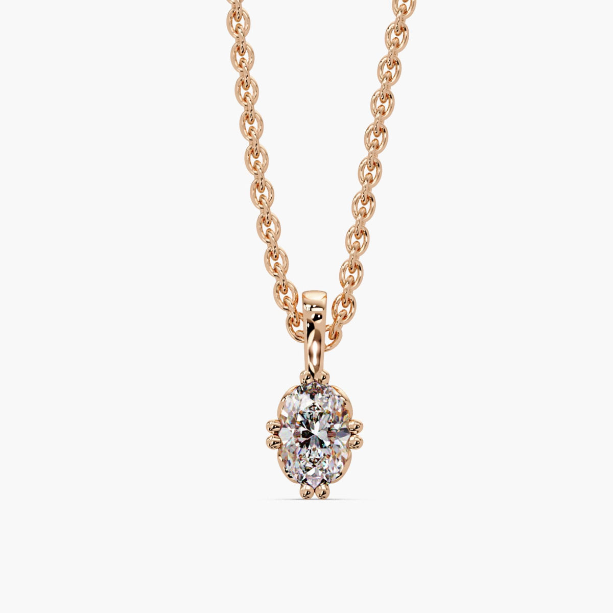 Compass set oval lab grown diamond pendant necklace in 14K rose gold, oval solitaire diamond necklace on a dainty cable chain, 0.50–3.00 CTW, anniversary gift or bridal necklace