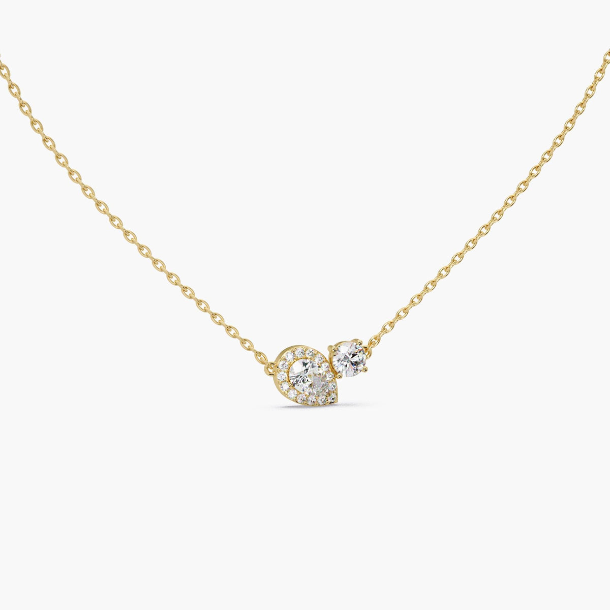 14K yellow gold two stone pendant necklace with lab grown diamonds, pear halo pendant paired with round diamond, layering necklace gift for her.
