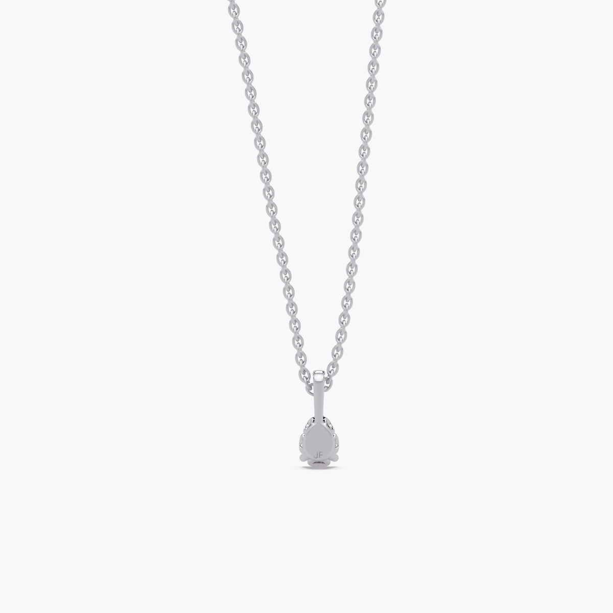 Back view of 14K white gold pear lab diamond solitaire pendant necklace showing smooth back and bail