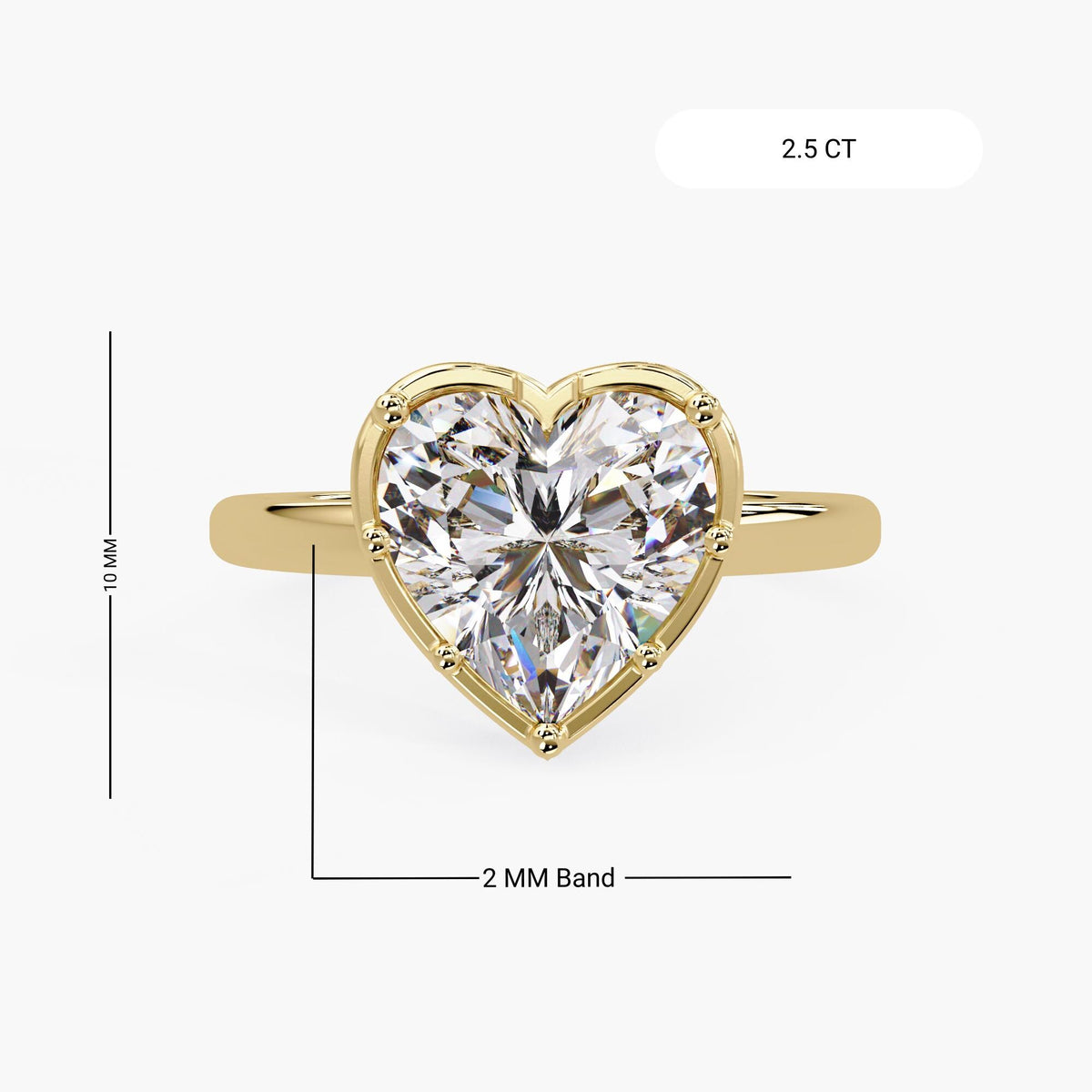 2.5 carat heart shaped lab grown diamond ring in 14k yellow gold showing 10mm setting height and 2mm band, 8 prong solitaire engagement ring for proposal or anniversary