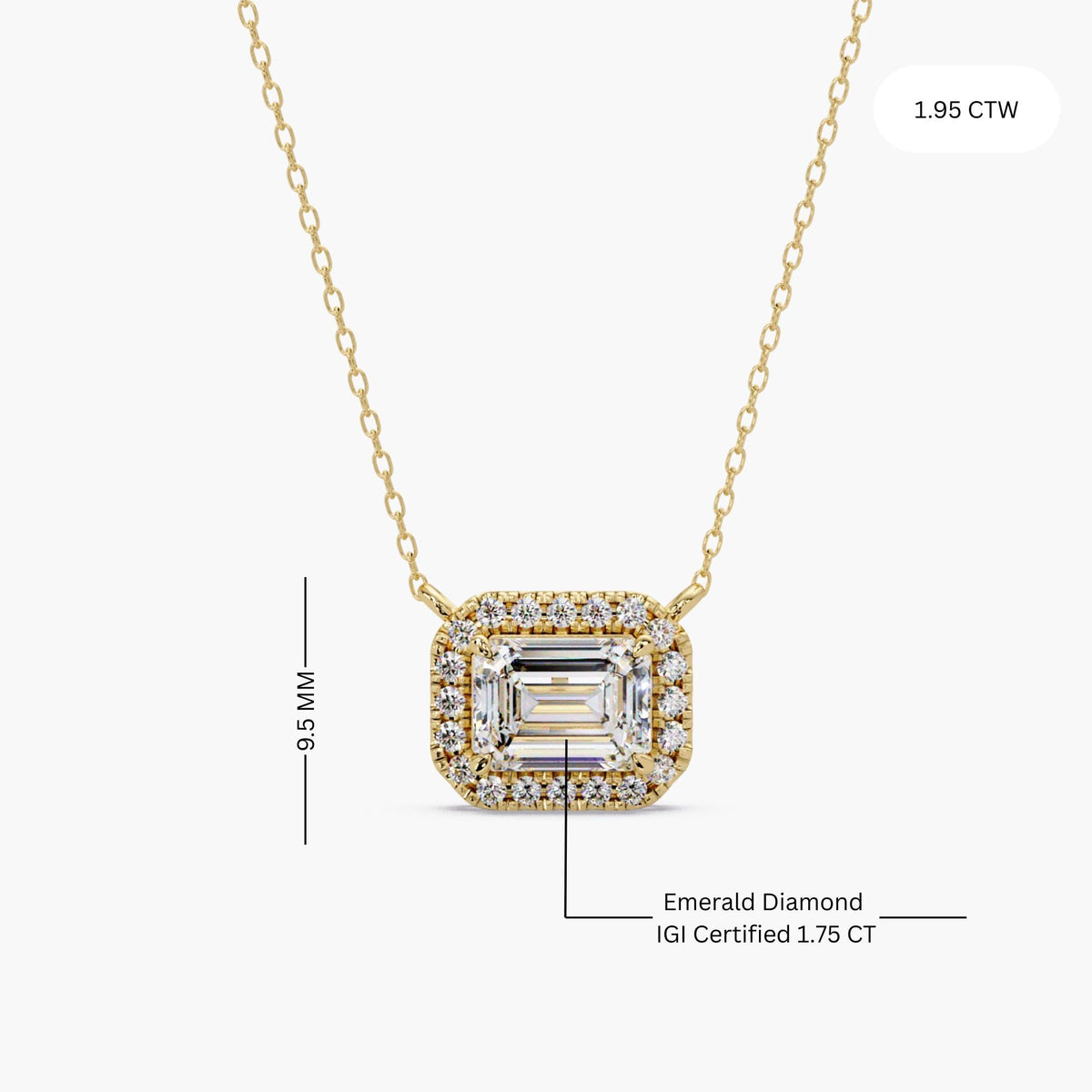 Diamond halo pendant necklace dimensions showing 9.5mm pendant height with 1.95 CTW and 1.75 CT emerald cut IGI certified lab diamond