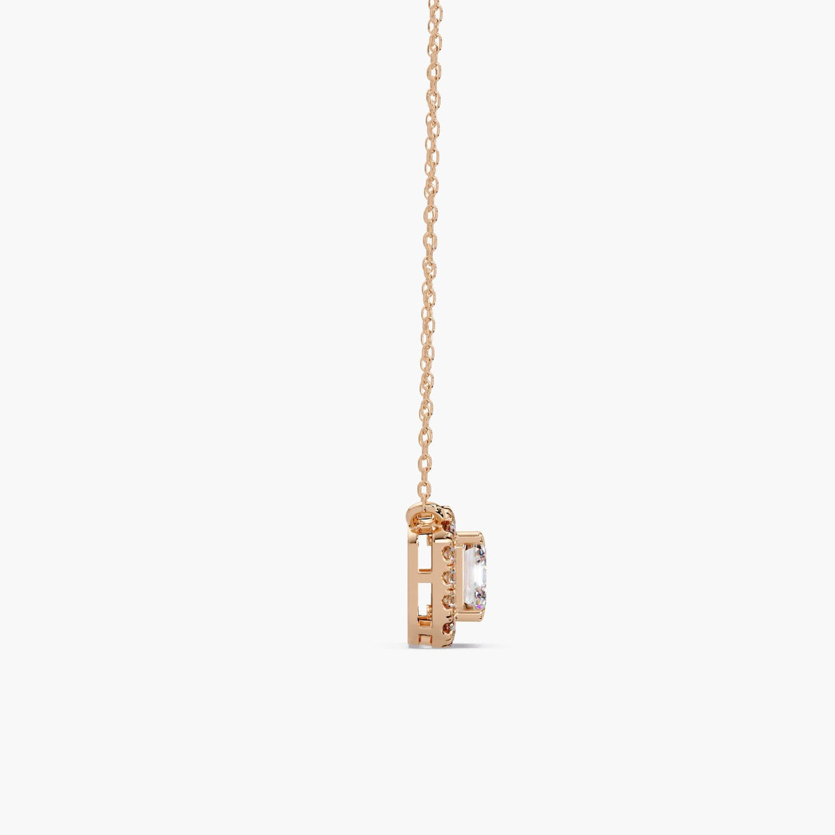 Emerald cut lab diamond halo necklace in 14K rose gold with 1.75 CT IGI certified center stone and 1.95 CTW diamond pendant