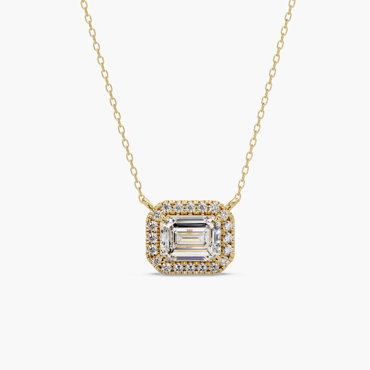 Emerald cut lab diamond halo necklace in 14K yellow gold with 1.75 CT IGI certified center stone and round diamond halo pendant