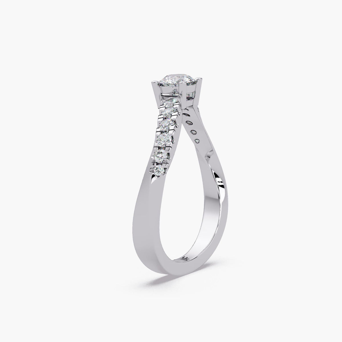 14K white gold or 925 silver wavy diamond ring with round lab grown solitaire and pavé diamond band, minimalist bridal ring or statement ring