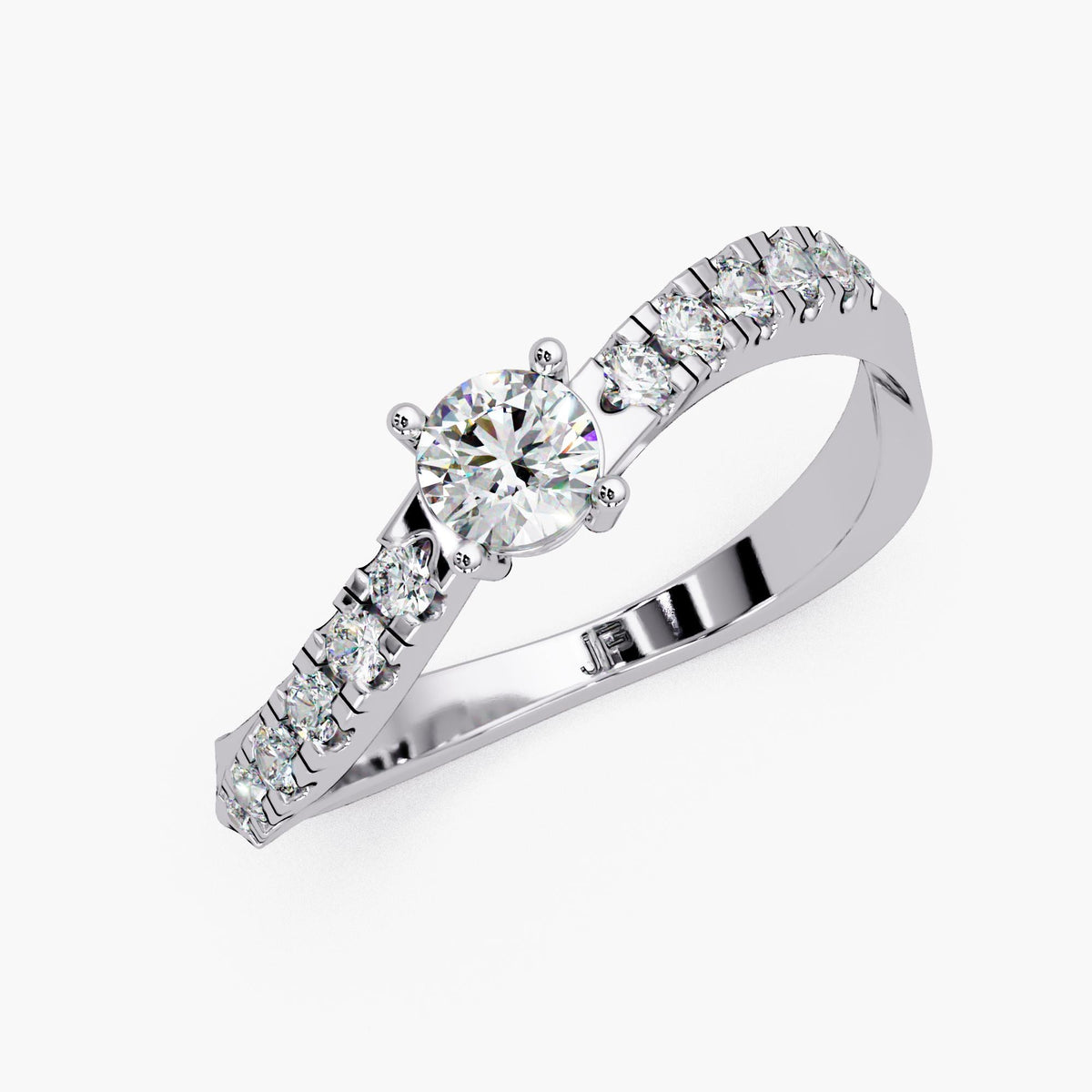 14K white gold wavy diamond ring with round lab grown solitaire and pavé diamond band, minimalist bridal ring