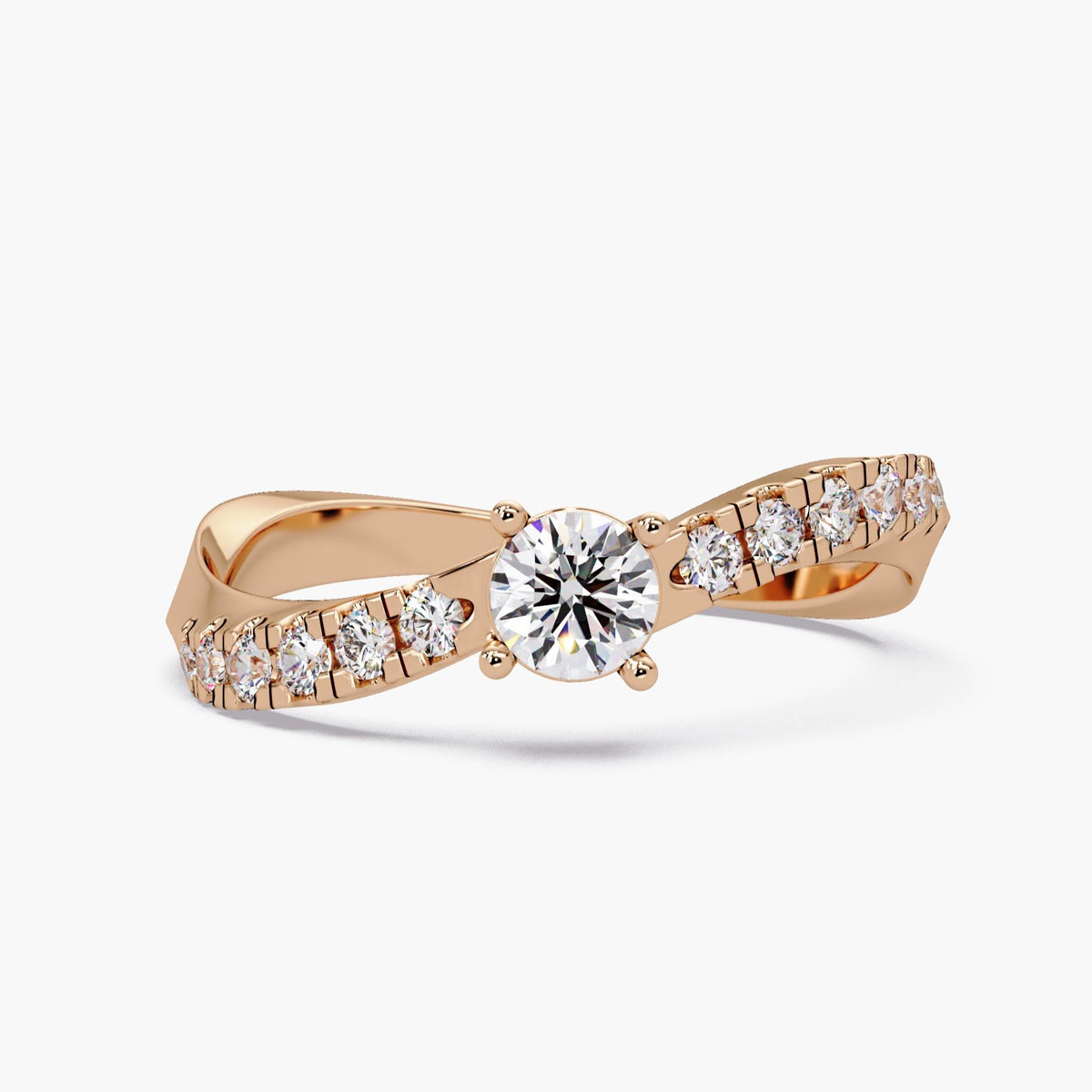 14K rose gold diamond ring with round lab grown solitaire and pavé diamond band, minimalist bridal ring or statement ring