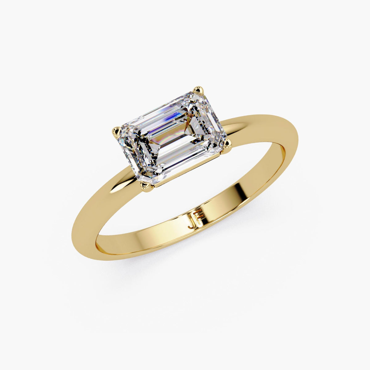1CT emerald cut lab diamond east west solitaire ring in 14K yellow gold, minimalist engagement ring and stackable statement ring for everyday wear