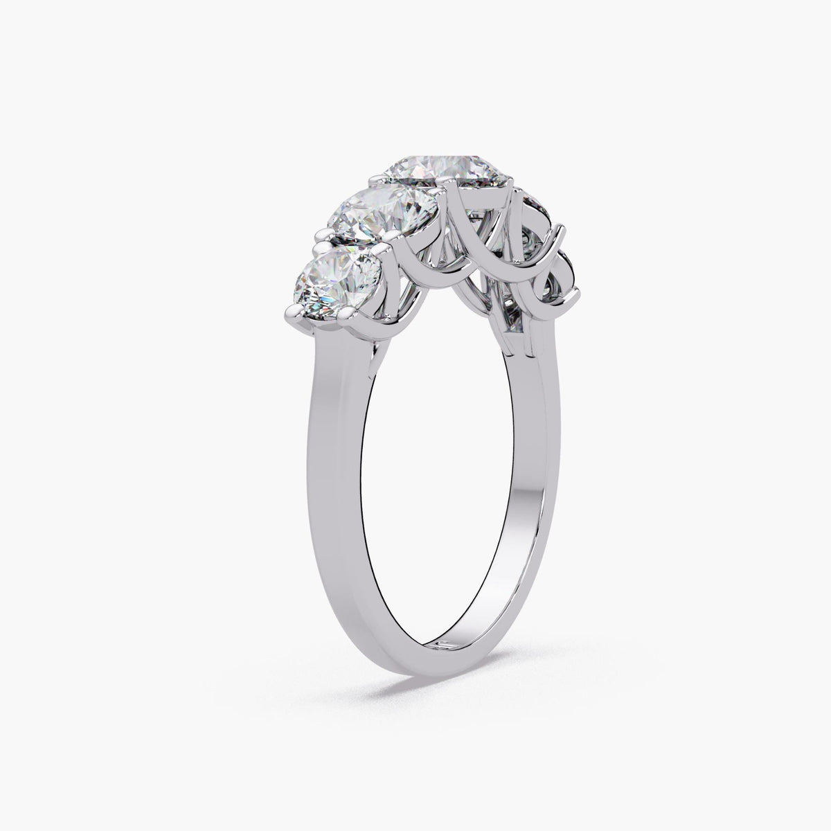 Graduated 5 stone ring with round shape lab grown diamond stones totaling 2.25 CTW, perfect as a lab diamond engagement band or anniversary bands 14k white gold gift.