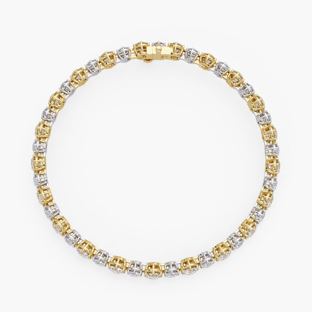Alternating graduated lab diamond tennis bracelet showing 2.8mm and 3.5mm round diamonds in two tone 14K gold