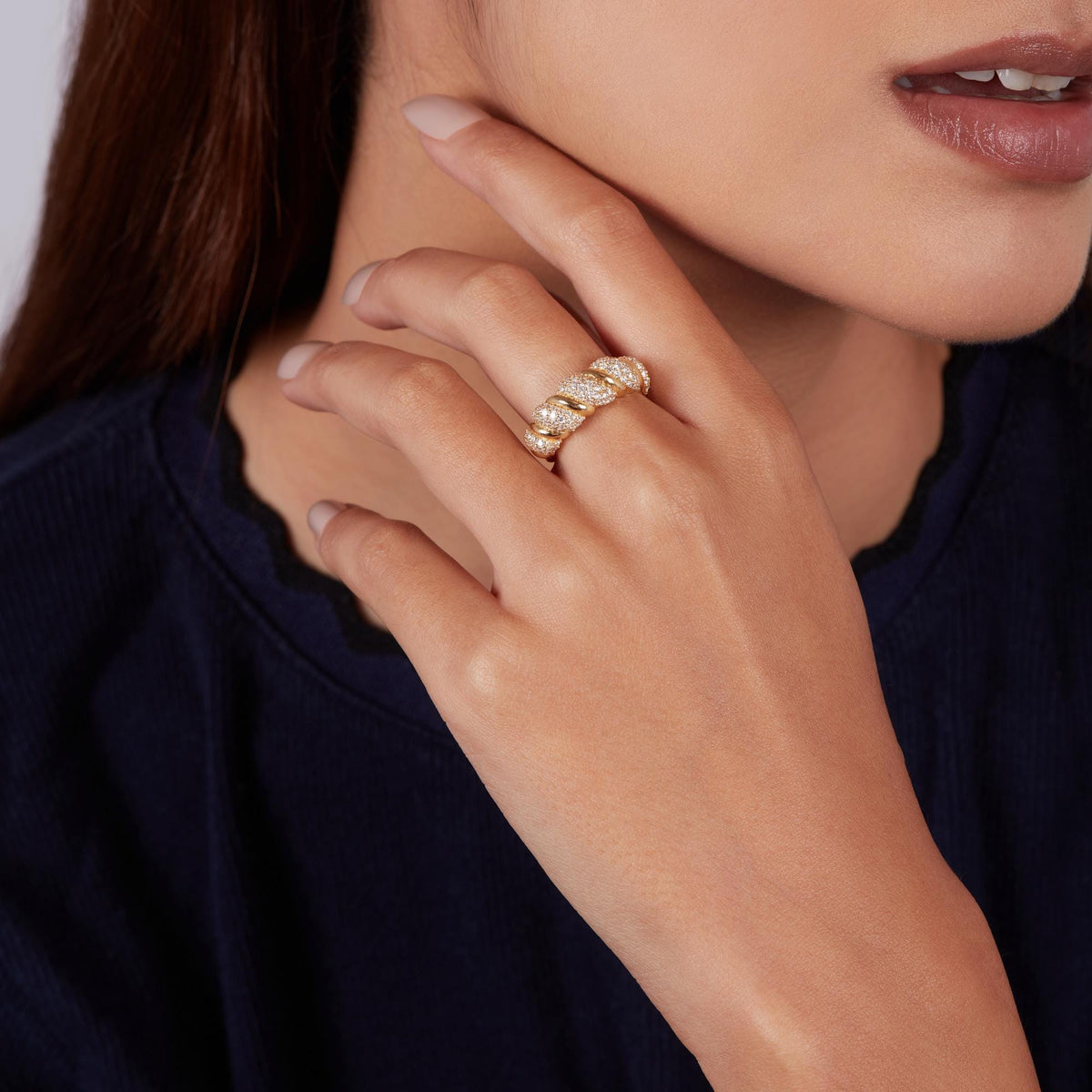 14k Gold Croissant Ring, Pave Diamond Twist Ring, Chunky Dome Ring, Fine Fashion Ring, Solid Gold Statement Ring, Handmade Fine Jewelry