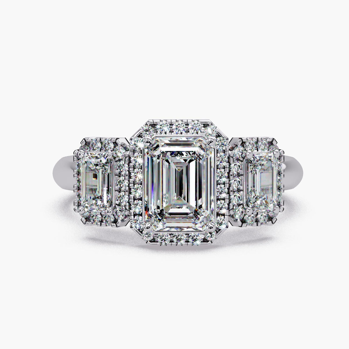 3 Stone Emerald Cut Engagement Ring 14K Gold | IGI Certified Lab Diamond Halo Ring