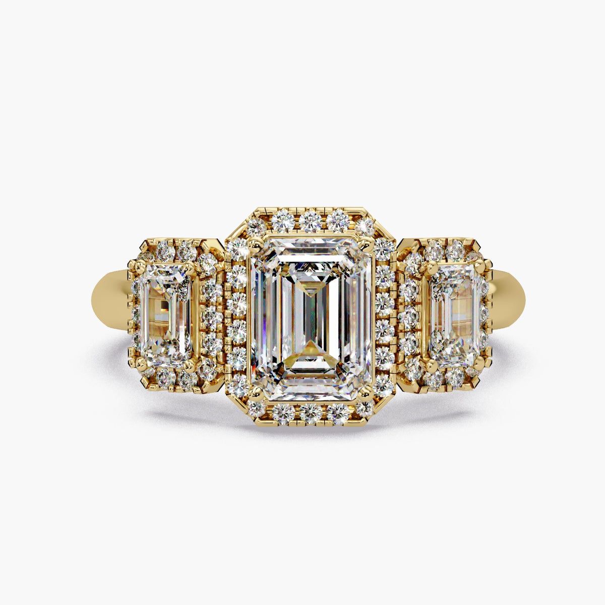 Three Stone Halo, Emerald cut 3 stone setting, Anniversary ring three stone, 1 carat emerald cut ring, Lab grown diamond three stone ring, Emerald cut halo engagement ring, Vintage inspired three stone engagement ring, Art deco emerald cut ring