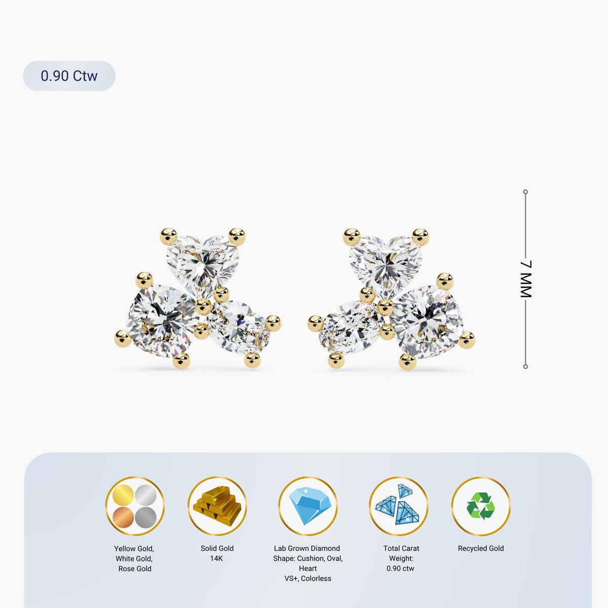 Lab Created Diamond Cluster Stud Earrings, Solid Gold Multi Diamond Studs, Heart Oval Round Shape Earrings, Fine Jewelry Gift for Women