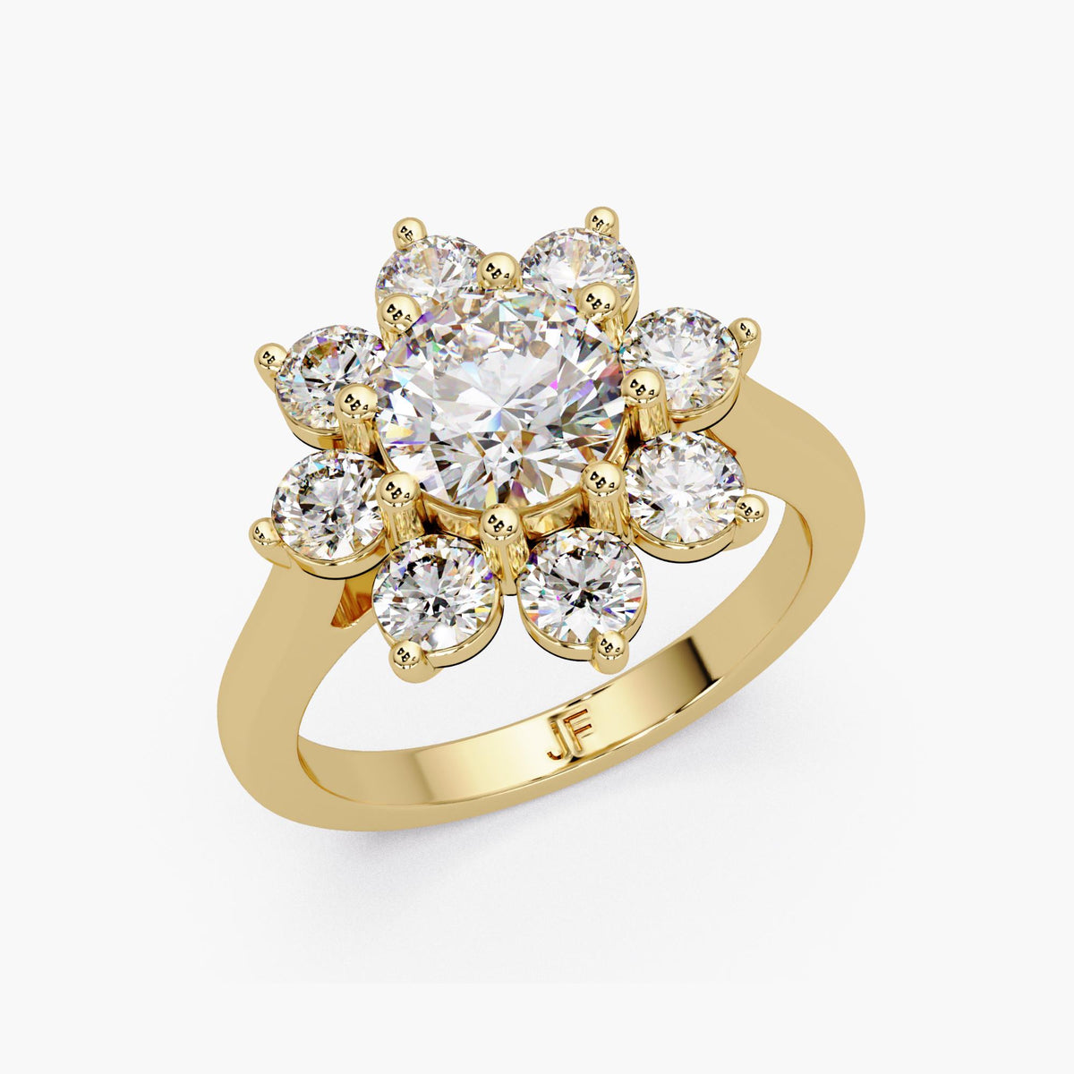 A perspective shot of the yellow gold ring highlighting its polished band and the elevated prong setting. The lab-grown diamonds catch the light from every angle, showcasing the high-quality VS+ clarity. This ring serves as a bold statement of luxury and ethical craftsmanship for the modern bride.