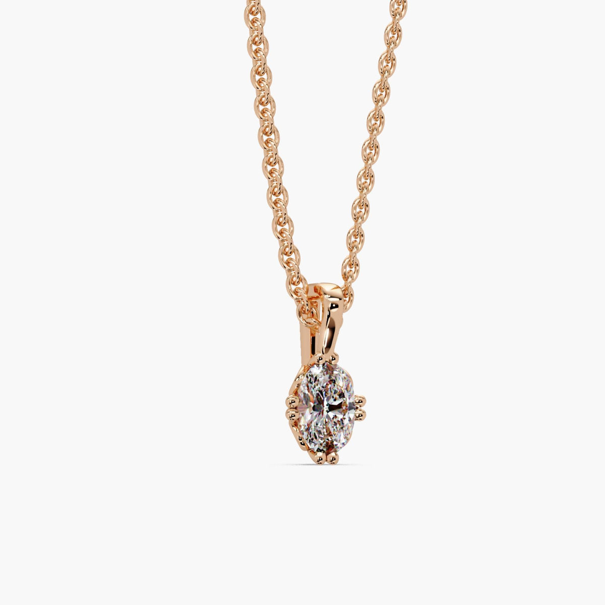 Compass set oval lab grown diamond pendant necklace in 14K rose gold, oval solitaire diamond necklace on a dainty cable chain, 0.50–3.00 CTW, anniversary gift or bridal necklace