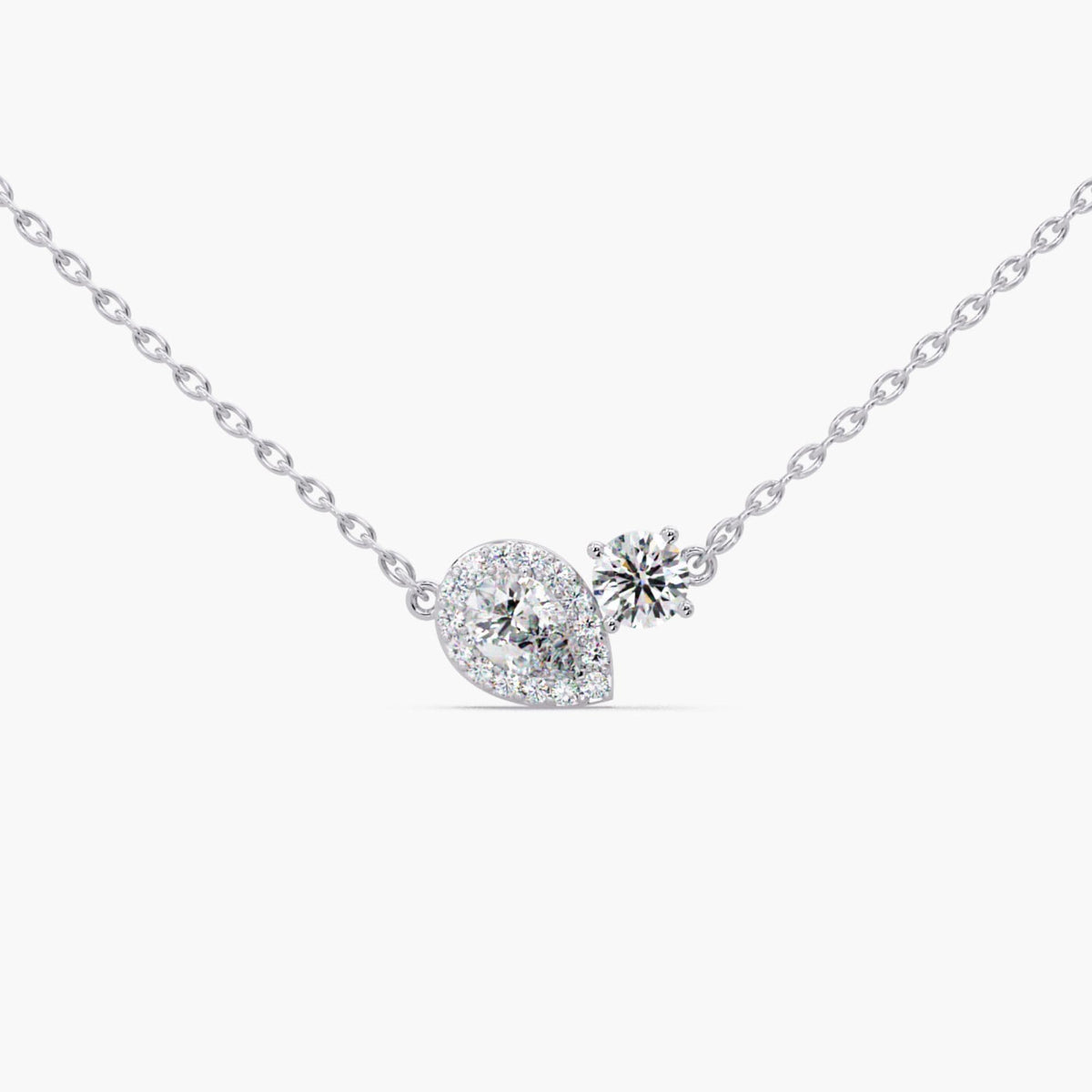 14K white gold lab diamond pendant necklace with pear halo and round diamond, two stone toi et moi necklace for anniversary and Valentine’s gift.