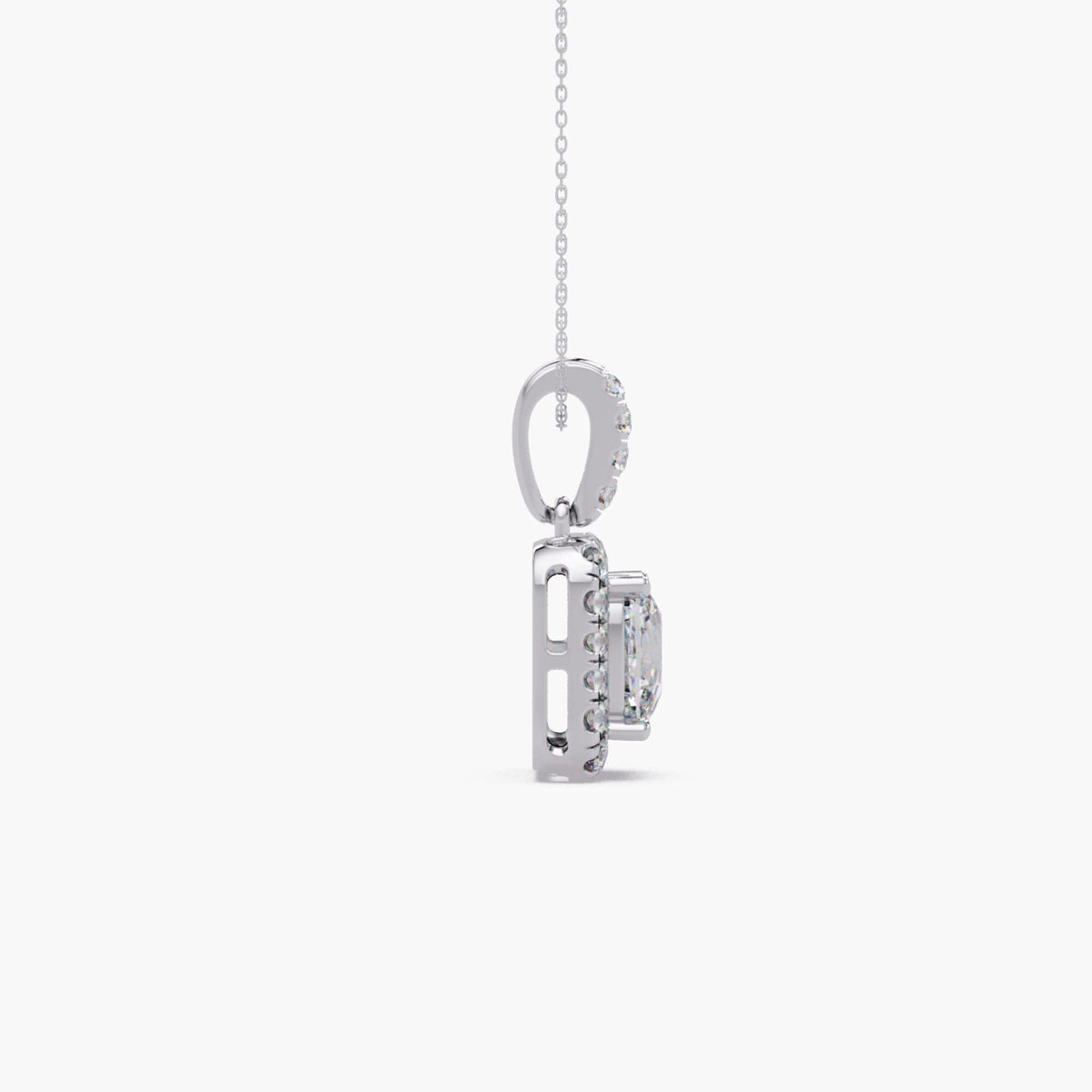 14K white gold cushion cut lab grown diamond halo pendant necklace with pavé halo and pavé bail on 16–18 inch cable chain, 3.50 CTW, IGI certified 3 CT center diamond